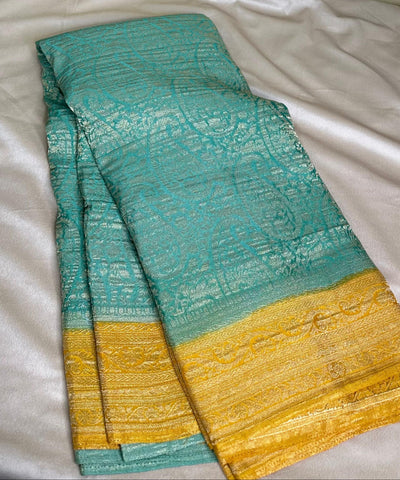 Banaras Georgette silk with blouse Pista Green with Gold Yellow Zari Border | Glow & Glitter Boutique
