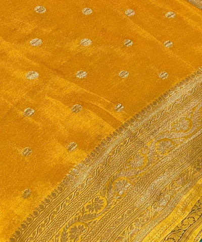 Banaras Georgette silk with blouse Pista Green with Gold Yellow Zari Border | Glow & Glitter Boutique