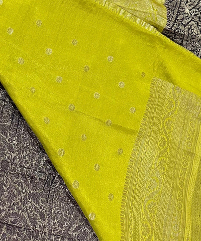 Banaras Georgette silk with blouse Dark Brown with lime Yellow Zari Border | Glow & Glitter Boutique