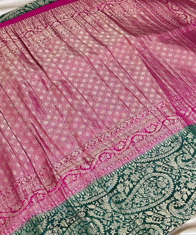 Banaras Georgette silk with blouse Dark Bottle Green with Pink Zari Border | Glow & Glitter Boutique