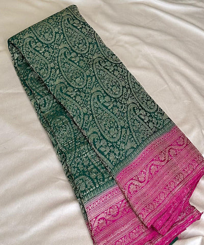 Banaras Georgette silk with blouse Dark Bottle Green with Pink Zari Border | Glow & Glitter Boutique