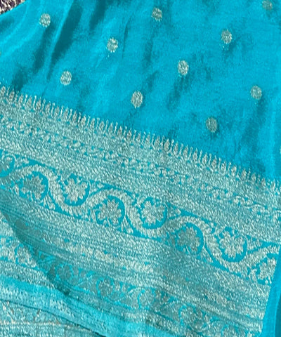 Banaras Georgette silk with blouse Deep Purple & Aqua Blue Zari Border | Glow & Glitter Boutique