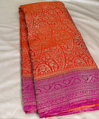 Banaras Georgette silk with blouse Orange Shade with Pink Border | Glow & Glitter Boutique