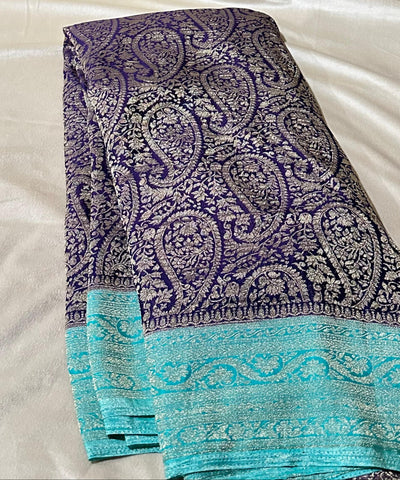 Banaras Georgette silk with blouse Deep Purple & Aqua Blue Zari Border | Glow & Glitter Boutique
