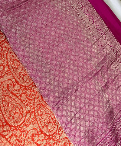 Banaras Georgette silk with blouse Orange Shade with Pink Border | Glow & Glitter Boutique