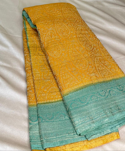 Banaras Georgette silk with blouse Golden Yellow & Ice Blue Border | Glow & Glitter Boutique