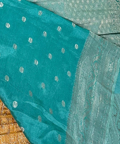 Banaras Georgette silk with blouse Golden Yellow & Ice Blue Border | Glow & Glitter Boutique
