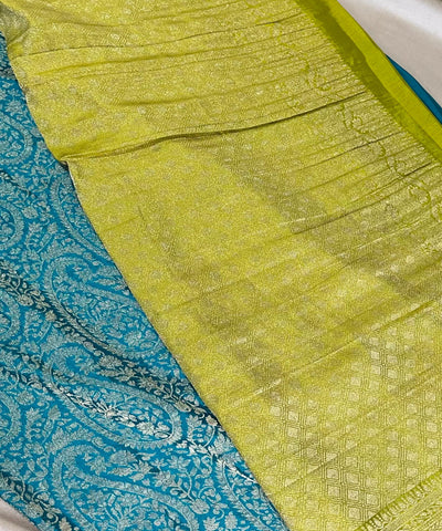Banaras Georgette silk with blouse Teal Blue & Lime Green | Glow & Glitter Boutique