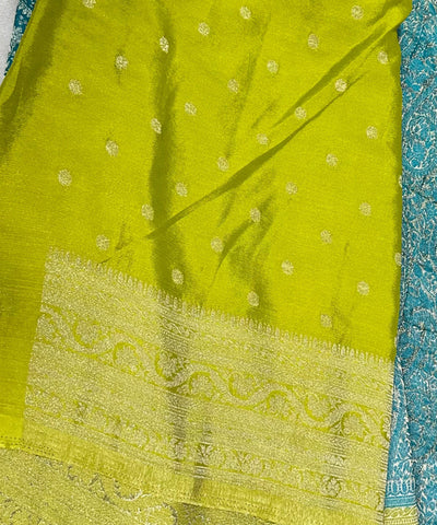 Banaras Georgette silk with blouse Teal Blue & Lime Green | Glow & Glitter Boutique