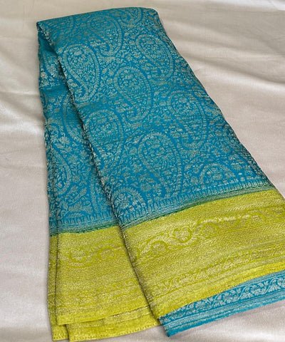 Banaras Georgette silk with blouse Teal Blue & Lime Green | Glow & Glitter Boutique