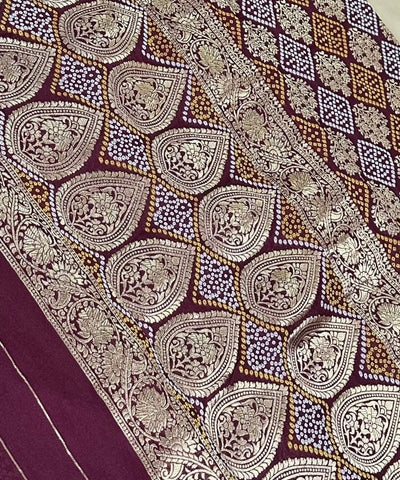 Banaras silk saree Deep Wine with Antique Gold Zari Border | Glow & Glitter Boutique