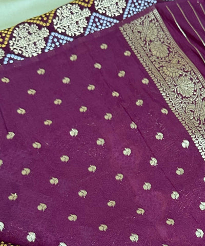 Banaras silk saree Deep Wine with Antique Gold Zari Border | Glow & Glitter Boutique