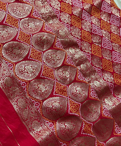 Banaras silk saree Red with Antique Gold Zari | Glow & Glitter Boutique