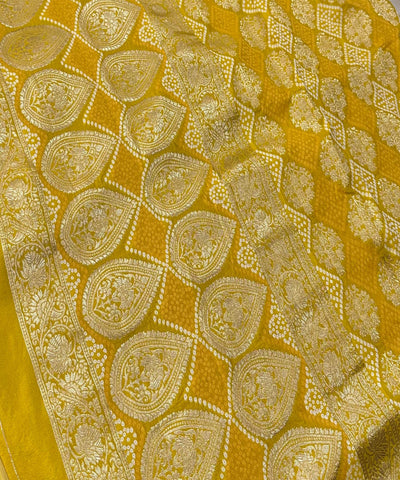 Banaras silk saree Golden yellow shade with Antique Gold Zari Border | Glow & Glitter Boutique