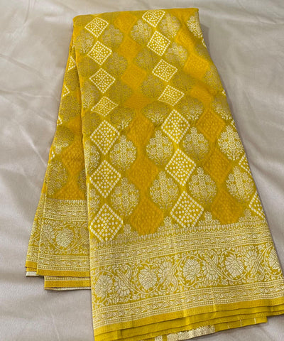Banaras silk saree Golden yellow shade with Antique Gold Zari Border | Glow & Glitter Boutique