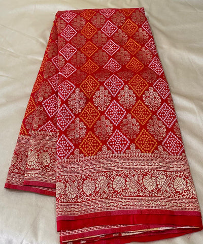 Banaras silk saree Red with Antique Gold Zari | Glow & Glitter Boutique