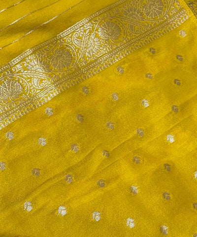 Banaras silk saree Golden yellow shade with Antique Gold Zari Border | Glow & Glitter Boutique