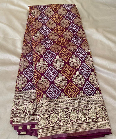 Banaras silk saree Deep Wine with Antique Gold Zari Border | Glow & Glitter Boutique