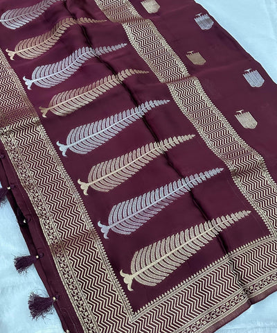 Mashru satin silk Deep Wine Maroon With Antique Gold Border | Glow & Glitter Boutique
