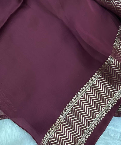 Mashru satin silk Deep Wine Maroon With Antique Gold Border | Glow & Glitter Boutique