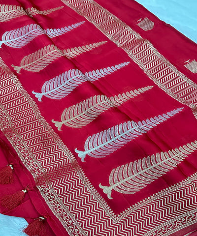 Mashru satin silk Ruby Red With Gold Zari Border | Glow & Glitter Boutique