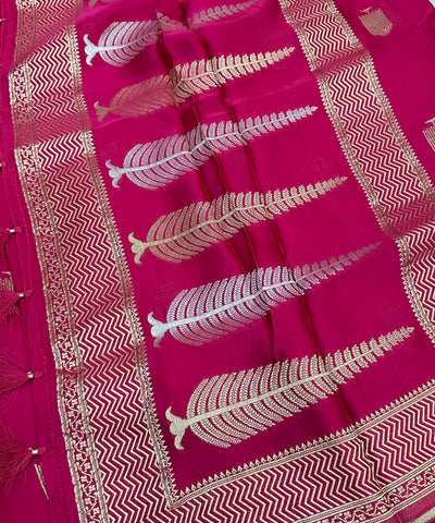 Mashru satin silk Deep Magenta Pink With Antique Gold Border | Glow & Glitter Boutique