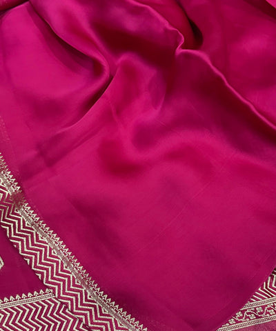 Mashru satin silk Deep Magenta Pink With Antique Gold Border | Glow & Glitter Boutique