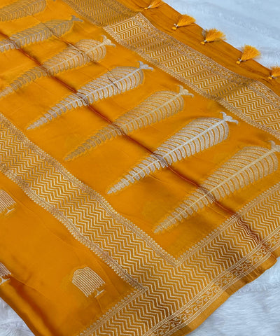 Mashru satin silk Mustard Yellow With Antique Gold Border | Glow & Glitter Boutique