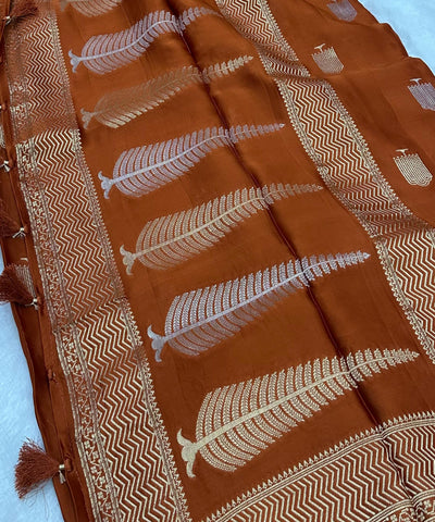 Mashru satin silk Burnt Orange Brown With Antique Gold Border | Glow & Glitter Boutique