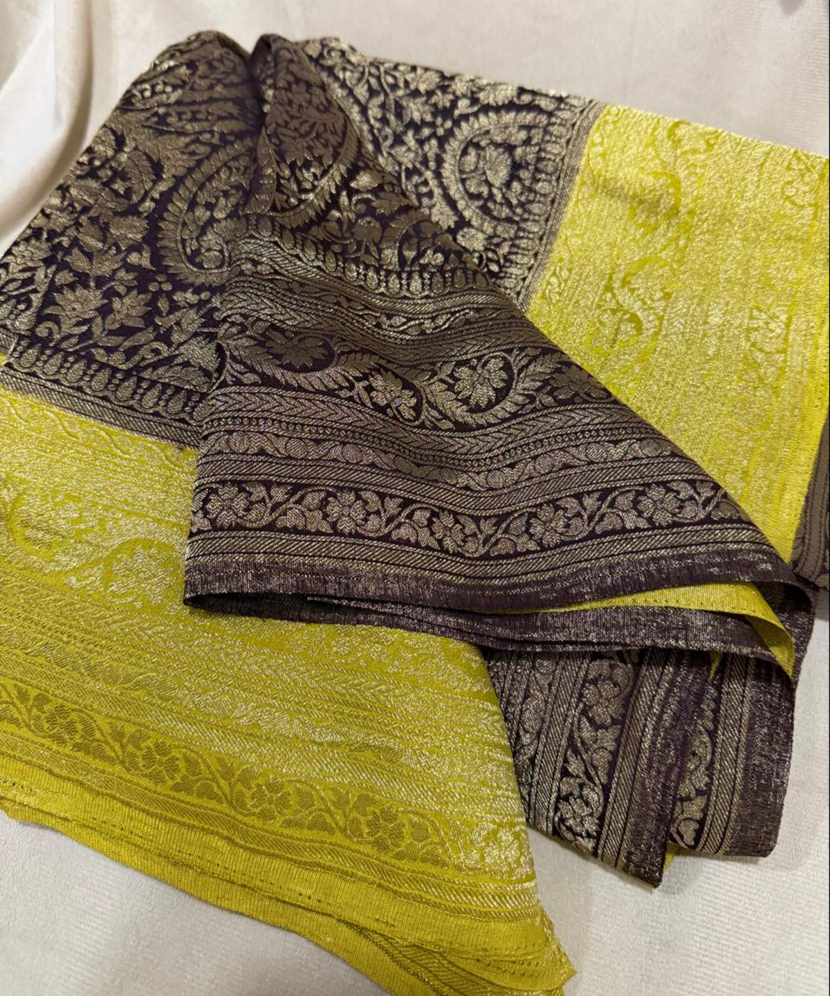 Banaras Georgette silk with blouse Dark Brown with lime Yellow Zari Border | Glow & Glitter Boutique