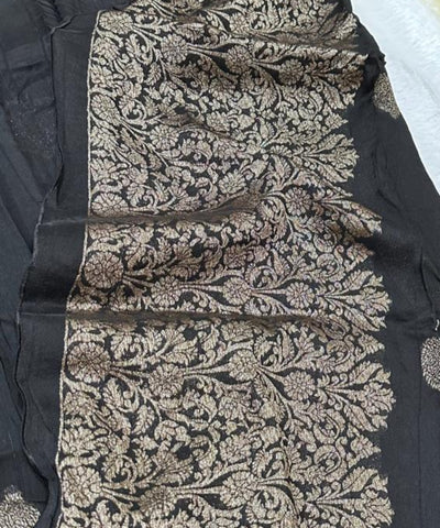 Tussar Silk Saree Jet Black Shade With Border Less | Glow & Glitter Boutique