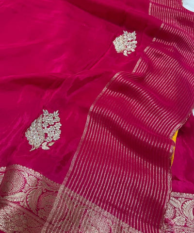 Premium Dola Crepe Silk with Hand Work Rani Pink With Gold Zari | Glow & Glitter Boutique