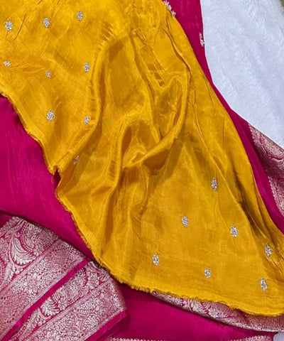 Premium Dola Crepe Silk with Hand Work Rani Pink With Gold Zari | Glow & Glitter Boutique