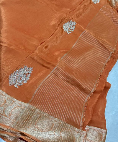 Premium Dola Crepe Silk with Hand Work Rust Orange With Gold Zari | Glow & Glitter Boutique