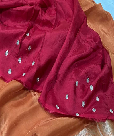 Premium Dola Crepe Silk with Hand Work Rust Orange With Gold Zari | Glow & Glitter Boutique