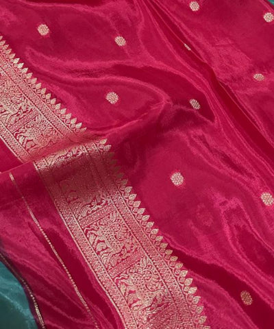 Viscose silk saree Teal Green Brick Red with Antique Gold Zari Border | Glow & Glitter boutique