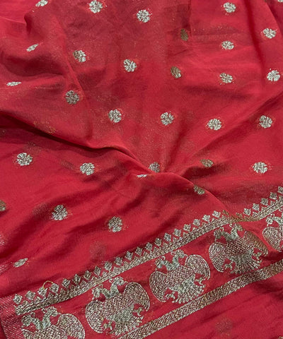 Banaras Georgette silk with blouse Blood Red Shade | Glow & Glitter boutique