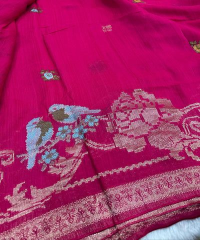 Matka Tussar Silk Saree Dark Meganta pink Shade | Glow & Glitter Boutique