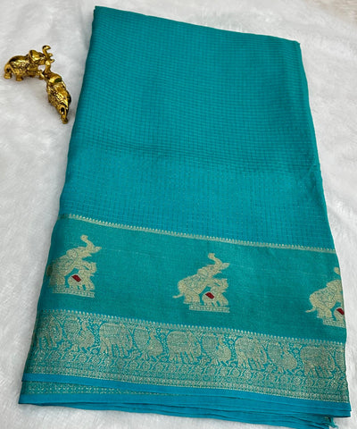 Viscose silk saree Ice Blue with Gold Checkered Weave & Antique Gold Zari Border | Glow & Glitter Boutique