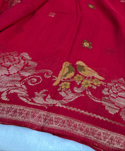 Matka Tussar Silk Saree Blood Red Shade | Glow & Glitter Boutique