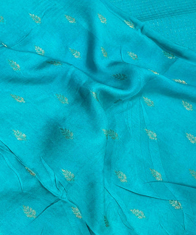 Viscose silk saree Ice Blue with Gold Checkered Weave & Antique Gold Zari Border | Glow & Glitter Boutique