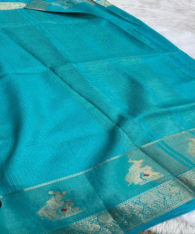 Viscose silk saree Ice Blue with Gold Checkered Weave & Antique Gold Zari Border | Glow & Glitter Boutique