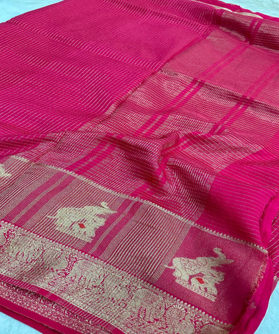 Viscose silk saree Meganta Pink with Gold Checkered Weave & Antique Gold Zari Border | Glow & Glitter Boutique