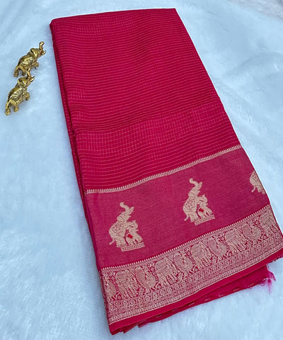 Viscose silk saree Meganta Pink with Gold Checkered Weave & Antique Gold Zari Border | Glow & Glitter Boutique