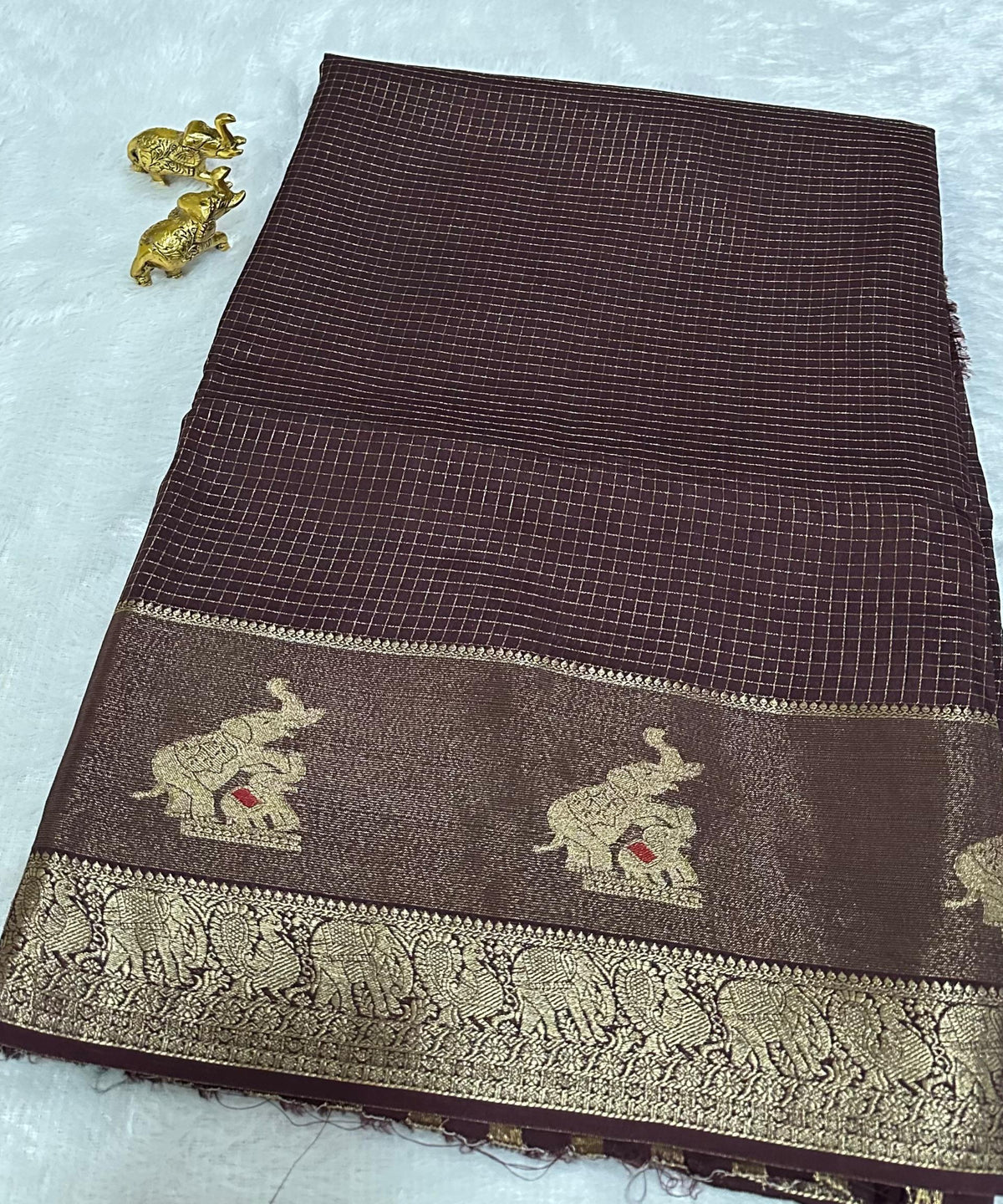 Viscose silk saree Wine Brown with Gold Checkered Weave & Antique Gold Zari Border | Glow & Glitter Boutique