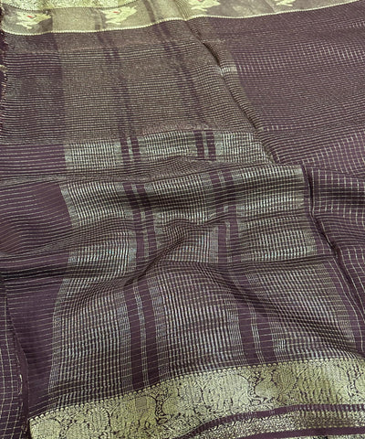 Viscose silk saree Wine Brown with Gold Checkered Weave & Antique Gold Zari Border | Glow & Glitter Boutique