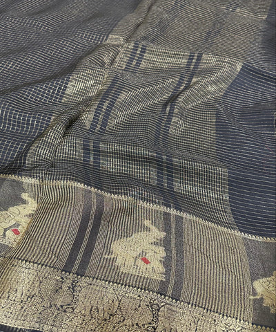 Viscose silk saree Jet Black with Gold Checkered Weave & Antique Gold Zari Border | Glow & Glitter Boutique