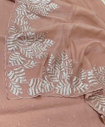 Organza silk saree with full embroidery Biscuit Shade | Glow & Glitter Boutique