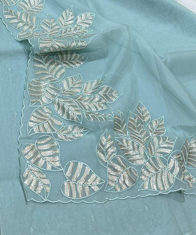 Organza silk saree with full embroidery Ice Blue Shade | Glow & Glitter Boutique