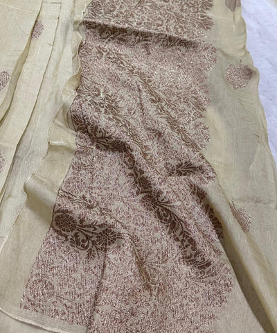 Tussar Silk Saree Warm Ivory Shade with Border Less | Glow & Glitter Boutique